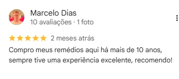 Avaliação 5 estrelas de Marcelo Dias no Google: "Compro meus remédios aqui há mais de 10 anos, sempre tive uma experiência excelente, recomendo!"